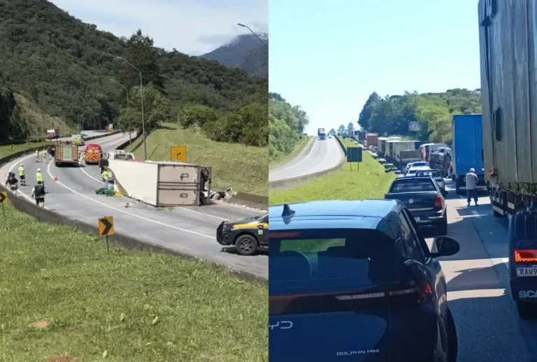 Caminhão de laranjas tomba na BR-376 e interdita pista em Tijucas do Sul